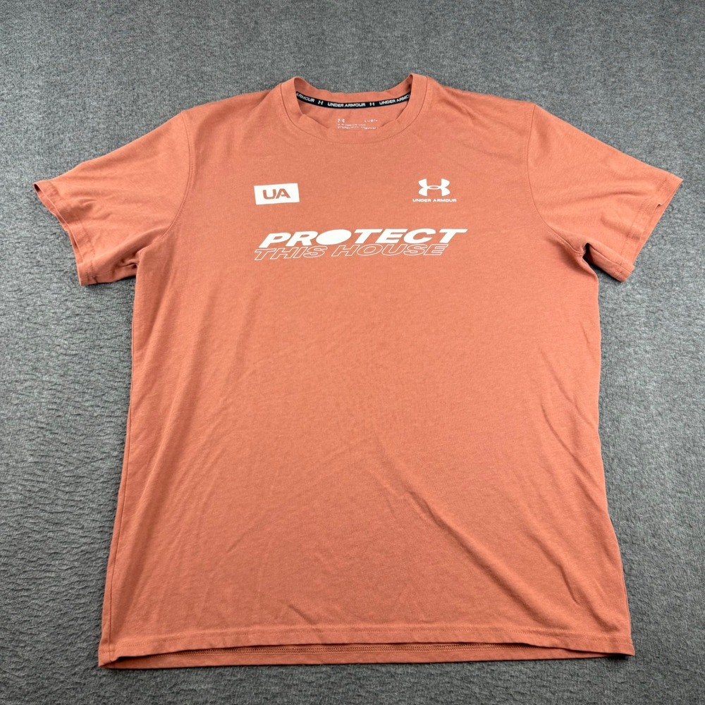 Under Armour‎ T-Shirt Men's Large Orange Protect This House HeatGear Graphic Tee